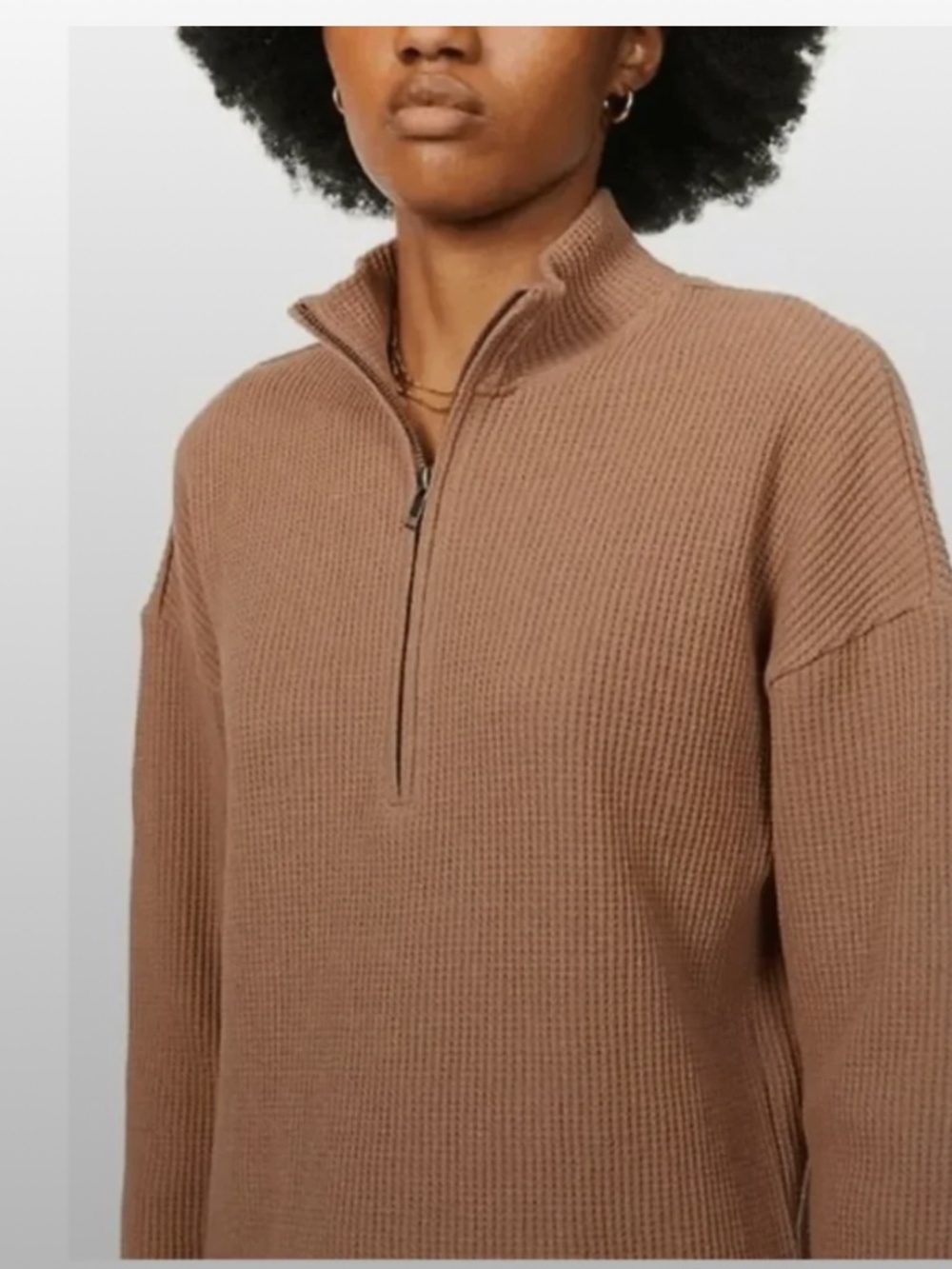 Reformation Waffle-Knit Half-Zip Sweater in Camel Brown